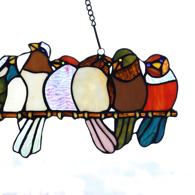 Bieye W10002 Tropical Birds Tiffany Style Stained Glass Window Panel Hangings with Chain, 19" W x 11.4" H - Image 3